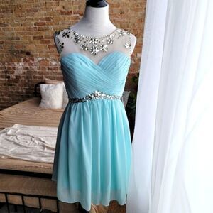 Baby Blue Rhinestone Sheer Top Semi Formal Dress